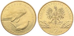 Poland, Republic, 2 Zlote Brass 2004, Two harbor porpoises, KM 464, UNC
