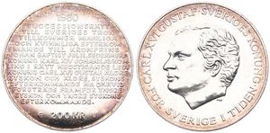 Sweden, Kingdom, Carl XVI Gustaf, 200 Kronor Silver 1980, Swedish Royal Succession Law, KM 860, B.UNC