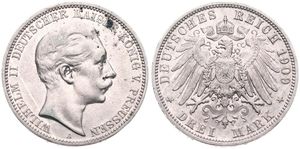 German States, Prussia, Wilhelm II, 3 Mark Silver 1909A, Head right, KM 527, VF