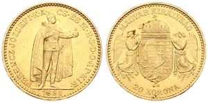 Hungary, Kingdom, Franz Joseph I, 20 Korona Gold 1896KB, Emperor standing / Crowned shield with angel supporters, KM 486, XF (*)