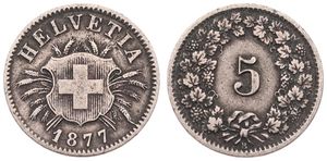 Switzerland, Confederation, 5 Rappen Billon 1877, Cross in shield within sprigs, KM 5, SCARCER DATE, VF 