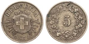 Switzerland, Confederation, 5 Rappen Billon 1874, Cross in shield within sprigs, KM 5, VF (edgenick)