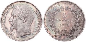 France, Second Republic, Louis-Napoleon Bonaparte, 5 Francs Silver 1852A, Head left, KM 773.1 Paris, VF+