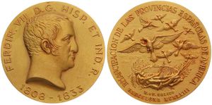 Spain, Kingdom, Franco, Medal in Gilt Bronze 1963 by Calico, Kings of Spain, Bust of Ferdinand VII right (1808-1833) / 9 Flying birds above nest, UNC