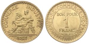 France, Republic, 1 Franc Aluminum-Bronze 1921, Mercury seated left, KM 876, UNC