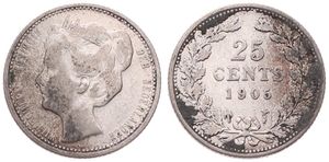 Netherlands, Kingdom, Wilhelmina I, 25 Cents Silver 1905, Crowned head left, KM 120.2, A.VF