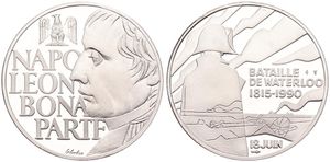 France, Republic, Medal in Silver 1990, Commemorating the Battle of Waterloo 1815-1990, Head of Napoleon left / Napoleon and battle scene, PROOF