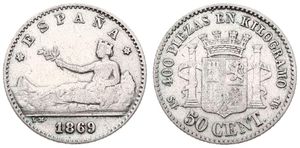 Spain, Provisional Government, 50 Centimos Silver 1869 (69), Seated crowned figure holding palm sprig, KM 651, A.VF