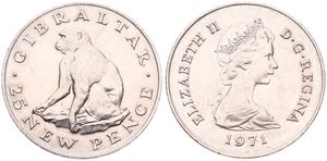 Gibraltar, British Colony, Elizabeth II, 25 New Pence Copper-Nickel 1971, Barbary Ape left, KM 5, UNC