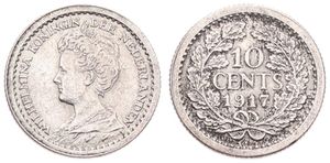 Netherlands, Kingdom, Wilhelmina I, 10 Cents Silver 1917, Crowned bust left, KM 145, A.UNC