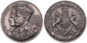 Great Britain, Kingdom, George V, Medal in Silver 1911, Coronation, Conjoined crowned busts of George V and Queen Mary left / Coat of arms with supporters, XF (edgenicks) 
