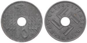 Germany, Third Reich, Military Coinage, 10 Reichspfennig Zinc 1940A, Eagle head above center hole, KM 99, XF