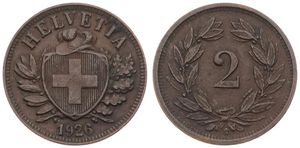 Switzerland, Confederation, 2 Rappen Bronze 1926, Cross in shield within sprigs, KM 4.2, VF