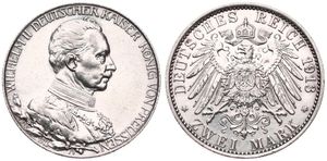 German States, Prussia, Wilhelm II, 2 Mark Silver 1913A, 25th Anniversary of Reign, KM 533, A.UNC