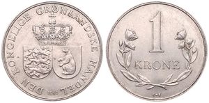 Greenland, Danish State, 1 Krone Copper-Nickel 1960, Crowned arms of Denmark & Greenland, KM 10a, XF