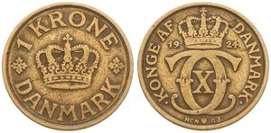 Denmark, Kingdom, Christian X, 1 Krone Aluminum-Bronze 1924, Crowned Monogram, KM 824.1, A.VF