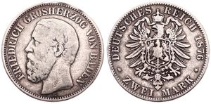 German States, Baden, Friedrich I, 2 Mark Silver 1876G, Bearded head left, KM 265, A.VF