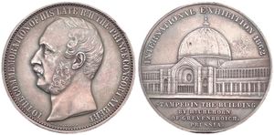 Great Britain, Kingdom, Victoria, Medal in White metal 1862 by Schnitzpahn and Wiener, International Exhibition, The Prince Consort Albert left / Exhibition building, XF (edgenick)