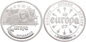 Europe, European Union, Medal in Silver 1997, Old banknote - 5000 Schilling from Austria / Stars and legend within and around circle, PROOF