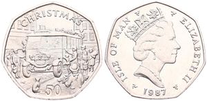 Isle of Man, British Dependency, Elizabeth II, 50 Pence Copper-Nickel 1987, Christmas - Bus and passengers, KM 190, UNC