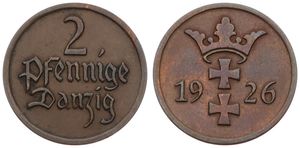 Danzig, Free City, 2 Pfennig Bronze 1926, Crowned arms, KM 141, XF