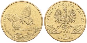 Poland, Republic, 2 Zlote Brass 2001, Butterfly in flight, KM 414, UNC
