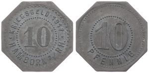 Germany, Emergency Coinage, Hamborn am Rhein, Kriegsgeld, 10 Pfennig Zinc 1917, Value within beaded circle / Legend surrounding denomination in circle, A.UNC
