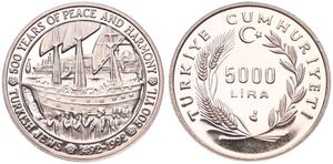 Turkey, Republic, 5000 Lira Copper-Nickel ND (1992), Turkish Jews - 500 Years of Peace and Harmony, KM 1018, PROOF