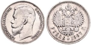 Russia, Empire, Nicholas II, 1 Rouble Silver 1907 3B, Head of Nicholas II left, KM 59.3, VF