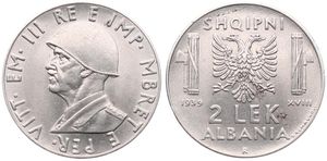 Albania, Italian Occupation WWII, Vittorio Emanuele III, 2 Lek Stainless Steel 1939R, Helmeted head left, KM 32, A.UNC
