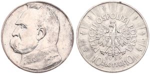 Poland, Republic, 10 Zlotych Silver 1935, Head of Jozef Pilsudski left, KM 29, VF