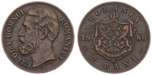 Romania, Kingdom, Carol I, 2 Bani Copper 1880B, Bearded head left, KM 11.2, VF