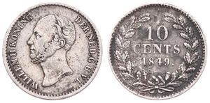 Netherlands, Kingdom, William II, 10 Cents Silver 1849, Bearded head left, KM 75, VF