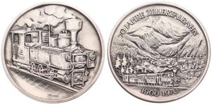 Austria, Republic, Medal in Silver 1970 by Grupp, 70 Years Zillertalbahn 1900-1970, Ancient steam locomotive right / Train passing landscape and mountains, UNC