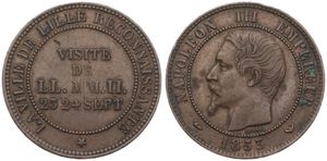 France, Second Empire, Medallic Coinage, Napoleon III, 10 Centimes Bronze 1853, Emperor and Empress visit to the Bourse, KM M24 (Lille), VF+