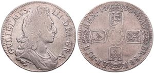 Great Britain, Kingdom, William III, 1 Crown Silver 1696, Bust right / Crowned cruciform arms, KM 486, Fine