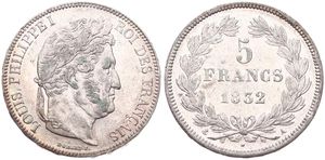 France, Second Kingdom, Louis Philippe I, 5 Francs Silver 1832A, Laureate head right, KM 749.1 Paris, XF