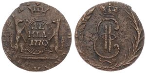 Siberia, Russian Occupation, 1 Denga Copper 1770KM, Crowned monogram within wreath / Crowned oval shield with supporters, KM 2, A.VF 