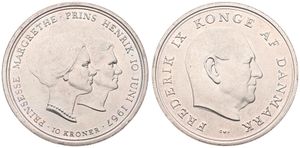 Denmark, Kingdom, Frederik IX, 10 Kroner Silver ND (1967), Wedding of Princess Margrethe, KM 856, UNC