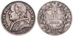 Italian States, Papal States, Pius IX, 2 Lire Silver 1867-XXIIR, Large bust of the Pope left, KM 1379.2, VF
