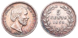 Netherlands, Kingdom, William III, 5 Cents Silver 1859, Bearded head right, KM 91, VF