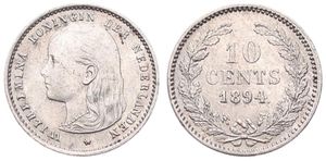 Netherlands, Kingdom, Wilhelmina I, 10 Cents Silver 1894, Queen's head with long hair left, KM 116, A.XF