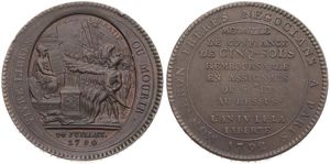 France, First Republic, Token Issues, Monneron Freres de Paris, 5 Sols Bronze 1792, Allegiance scene within oval, KM Tn31, XF