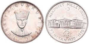Turkey, Republic, 25 Lira Silver ND (1970), 50th Anniversary of National Assembly in Ankara, KM 897, UNC