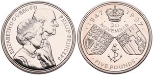 Great Britain, Kingdom, Elizabeth II, 5 Pounds Copper-Nickel ND (1997), Golden Wedding Anniversary, KM 977, B.UNC