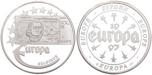 Europe, European Union, Medal in Silver 1997, Old banknote - 1000 Francs from Belgium / Stars and legend within and around circle, PROOF