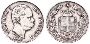 Italy, Kingdom, Umberto I, 1 Lira Silver 1887M, Head right, KM 24.2, F/VF