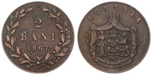 Romania, Kingdom, Carol I, 2 Bani Copper 1867 WATT & CO., Crowned and draped arms, KM 2.2, VF