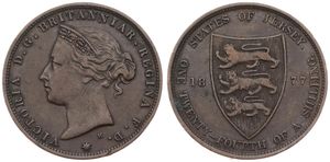 Jersey, British Dependency, Victoria, 1/24 Shilling Bronze 1877H, Crowned head left, KM 7, VF