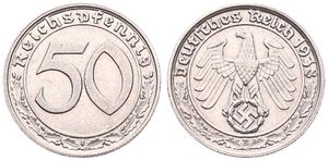 Germany, Third Reich, 50 Reichspfennig Nickel 1938B, Eagle above swastika within circle, KM 95, XF